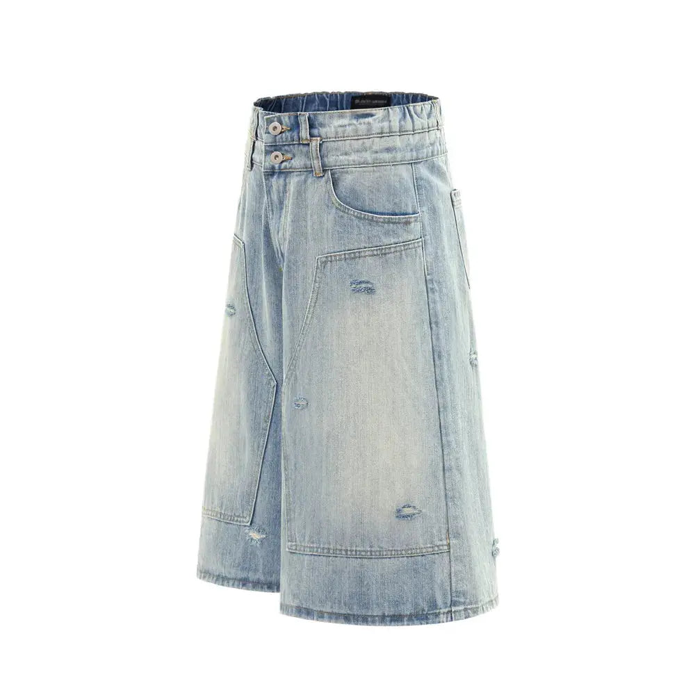Double Knee Ripped Denim Shorts Mens Summer High Street Washed Distressed Loose Wide Leg Loose Short Jeans Men Hominus Denim