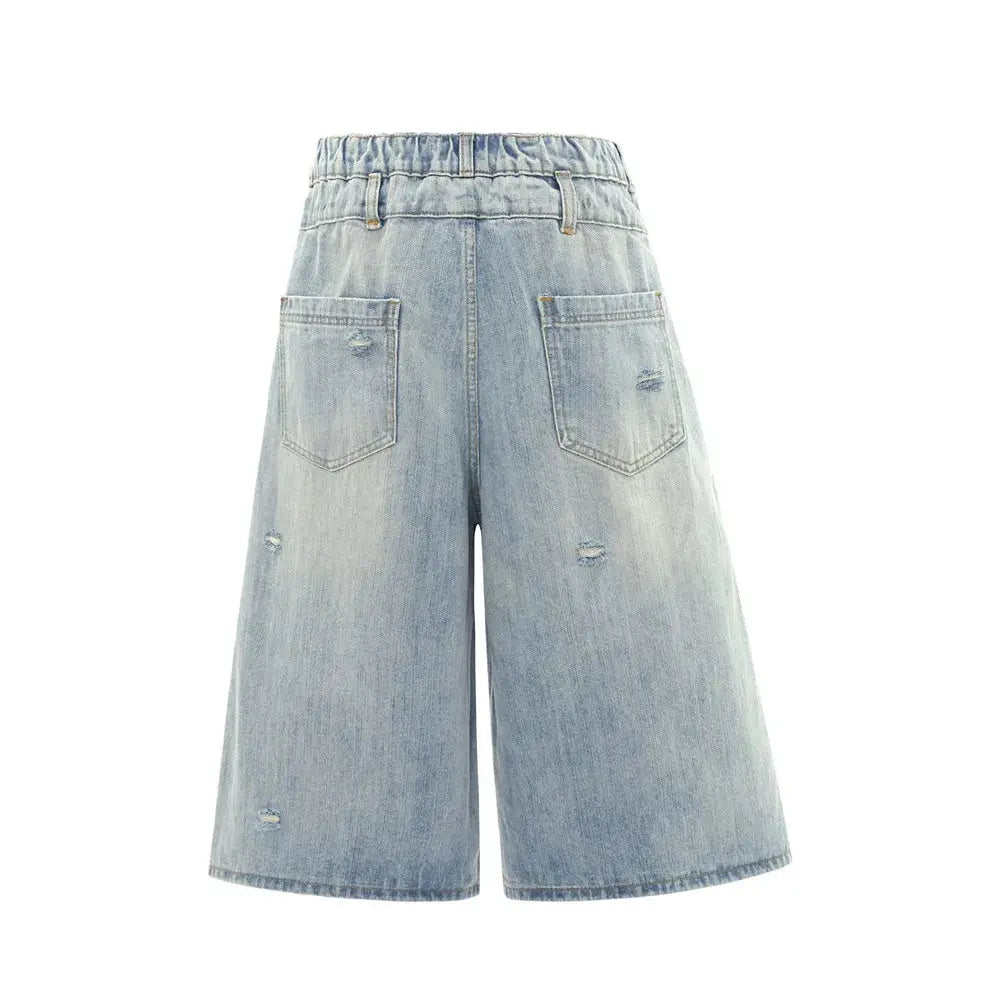 Double Knee Ripped Denim Shorts Mens Summer High Street Washed Distressed Loose Wide Leg Loose Short Jeans Men Hominus Denim