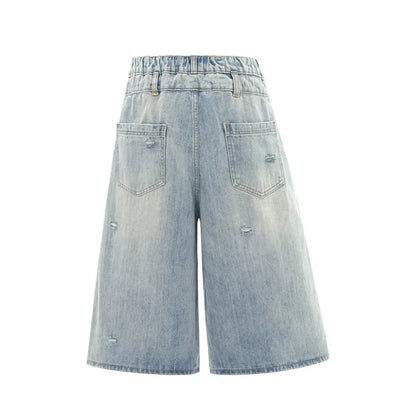 Double Knee Ripped Denim Shorts Mens Summer High Street Washed Distressed Loose Wide Leg Loose Short Jeans Men Hominus Denim