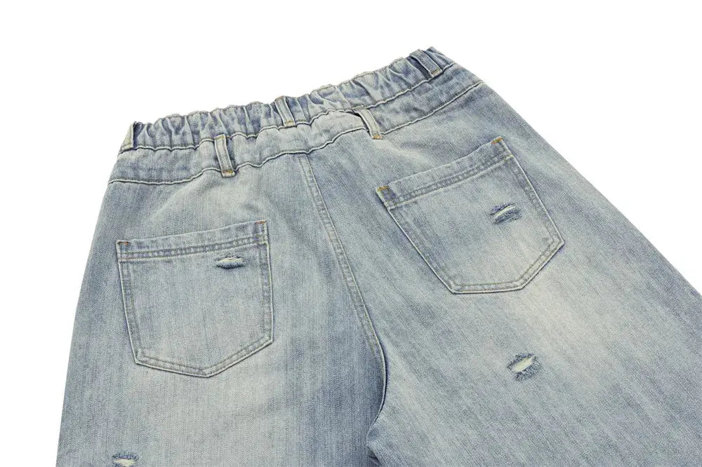 Double Knee Ripped Denim Shorts Mens Summer High Street Washed Distressed Loose Wide Leg Loose Short Jeans Men Hominus Denim