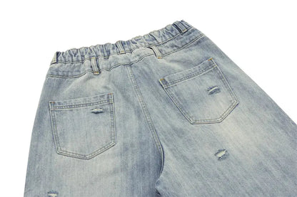 Double Knee Ripped Denim Shorts Mens Summer High Street Washed Distressed Loose Wide Leg Loose Short Jeans Men Hominus Denim