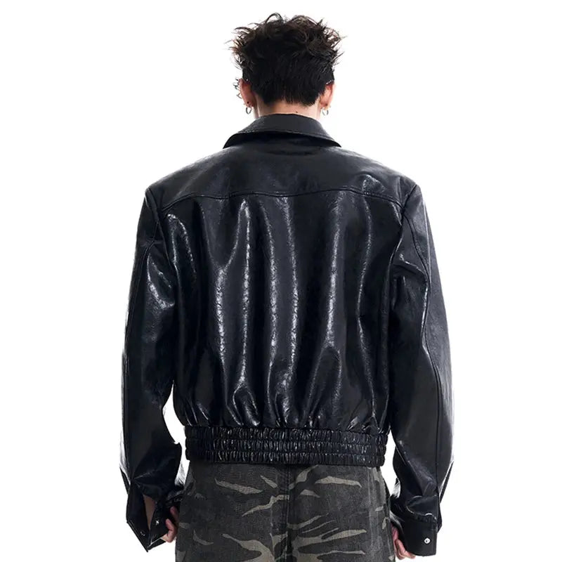 FEWQ 2024 New Men's PU Leather Jacket Shoulder Padded Trendy Silhouette Motorcycle Short Coat Personality Zipper Tops 24E2412 Hominus Denim