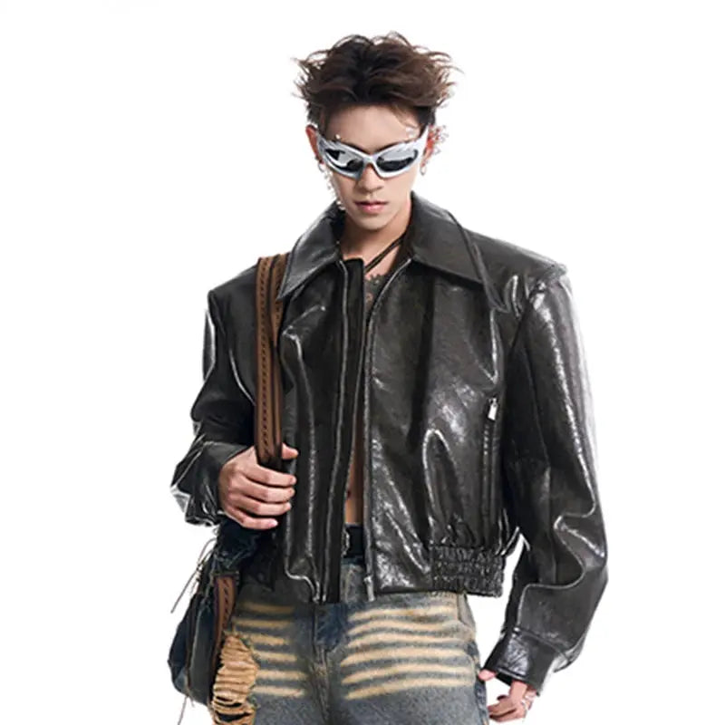 FEWQ 2024 New Men's PU Leather Jacket Shoulder Padded Trendy Silhouette Motorcycle Short Coat Personality Zipper Tops 24E2412 Hominus Denim