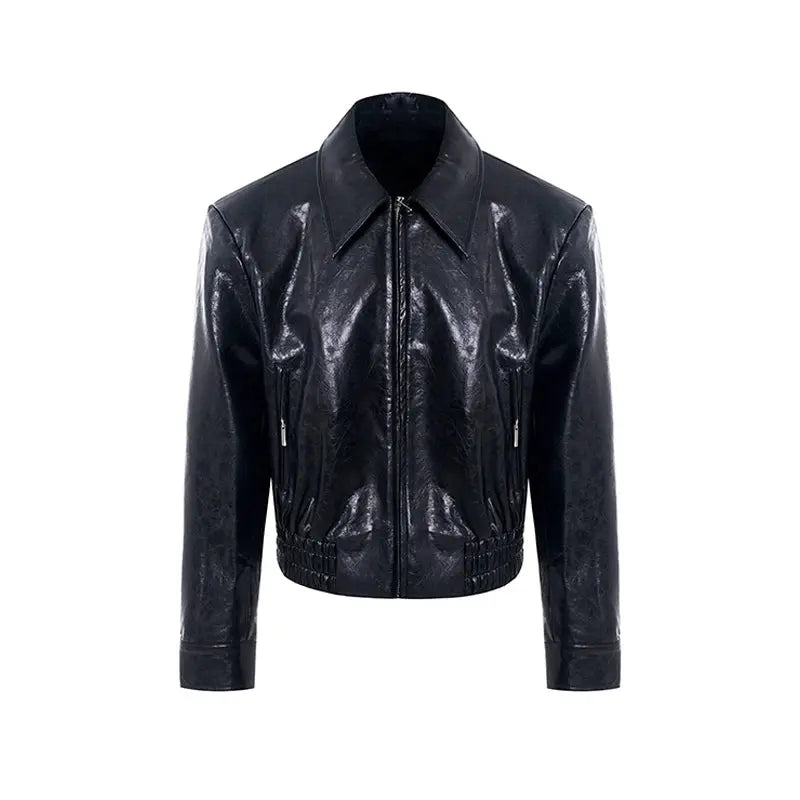 FEWQ 2024 New Men's PU Leather Jacket Shoulder Padded Trendy Silhouette Motorcycle Short Coat Personality Zipper Tops 24E2412 Hominus Denim