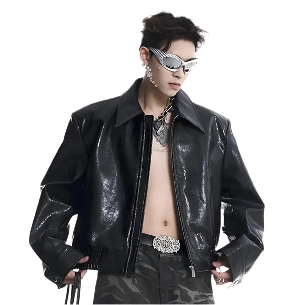 FEWQ 2024 New Men's PU Leather Jacket Shoulder Padded Trendy Silhouette Motorcycle Short Coat Personality Zipper Tops 24E2412 Hominus Denim