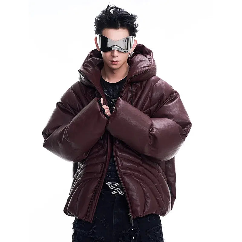 FEWQ Niche Matte Hooded Leather Men's Cotton Jacket 2024 Autumn Winter New Thick Warm Long Sleeve Trendy Versatile Coats 24E5159 Hominus Denim