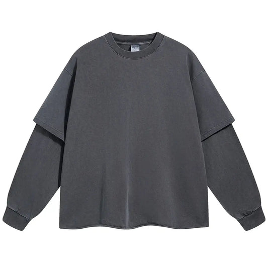 Fake Two Piece T Shirts Washed Vintage Loose Long Sleeve T-shirts Men Streetwear Harajuku Oversized Hip Hop Tshirt Y2K Tee Tops Hominus Denim