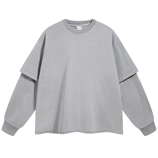 Fake Two Piece T Shirts Washed Vintage Loose Long Sleeve T-shirts Men Streetwear Harajuku Oversized Hip Hop Tshirt Y2K Tee Tops Hominus Denim