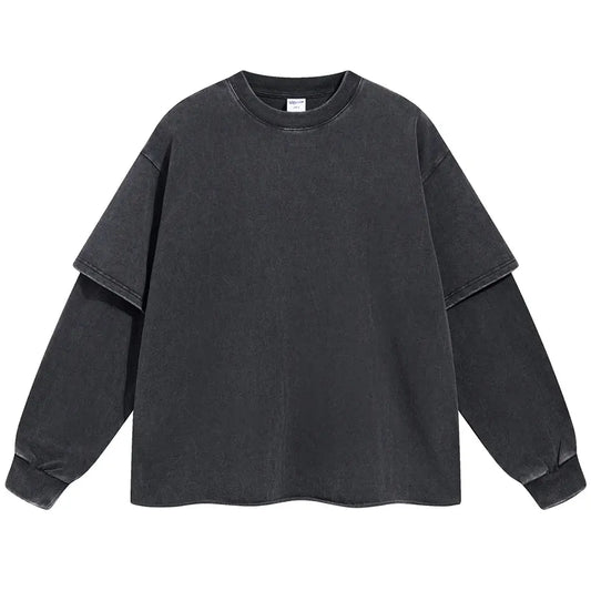 Fake Two Piece T Shirts Washed Vintage Loose Long Sleeve T-shirts Men Streetwear Harajuku Oversized Hip Hop Tshirt Y2K Tee Tops Hominus Denim