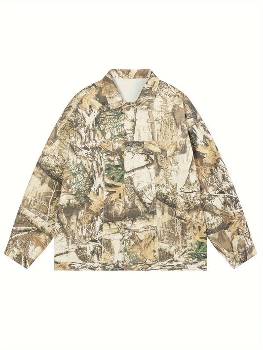 Festive Men's Camouflage Cotton-Polyester Lightweight Denim Jacket with Random Print, Casual Street Style, Relaxed Fit, and Snap Button Closure Hominus Denim