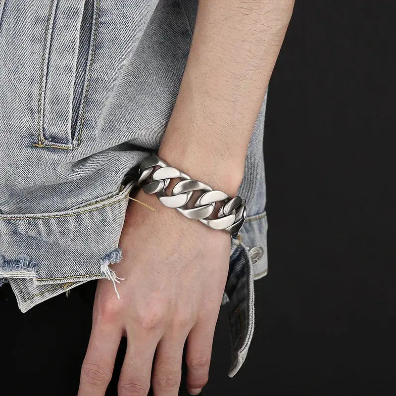 Fongten Heavy Black Metal Punk Wide Cuban Link Chain Men Bracelet Stainless Steel Fashion Biker Male Accessories Hominus Denim