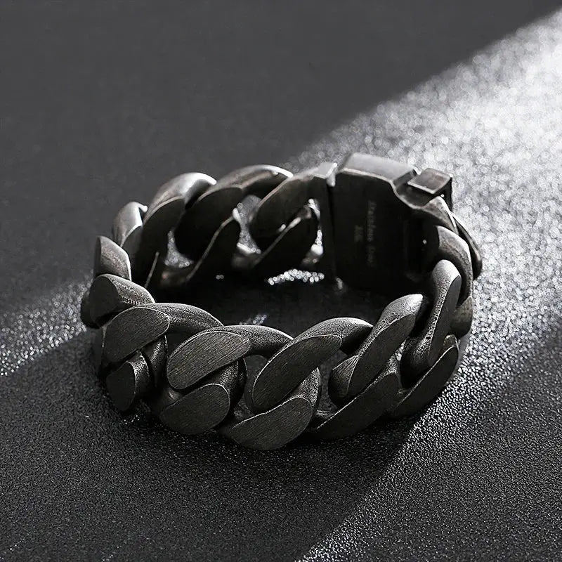 Fongten Heavy Black Metal Punk Wide Cuban Link Chain Men Bracelet Stainless Steel Fashion Biker Male Accessories Hominus Denim