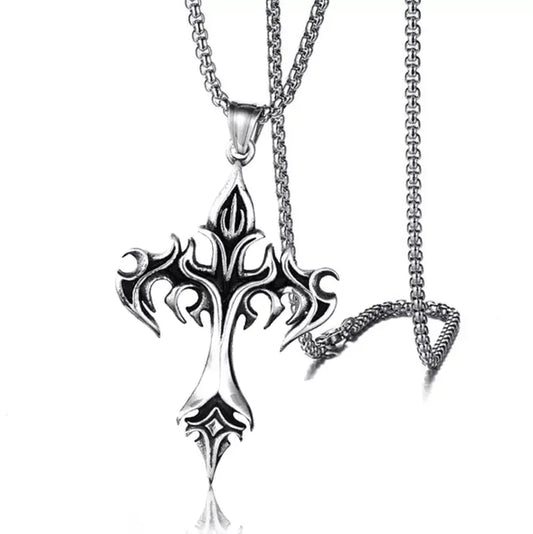 Goth Flame Cross Pendant Stainless Steel Chain Necklace