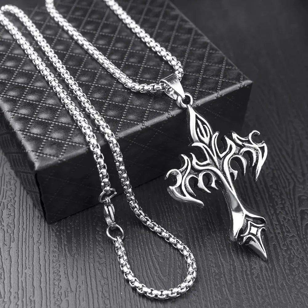Goth Flame Cross Pendant Stainless Steel Chain Necklace