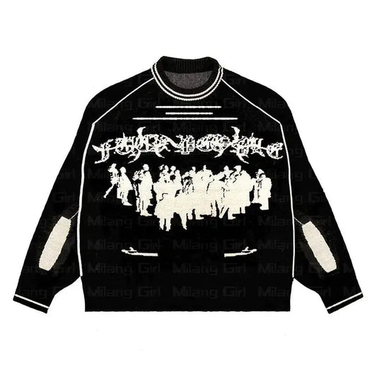 Gothic Pattern Black Knit Sweater