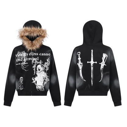 Gothic Printed Fur Hooded Zip Hoodie Hominus Denim