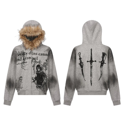 Gothic Printed Fur Hooded Zip Hoodie Hominus Denim