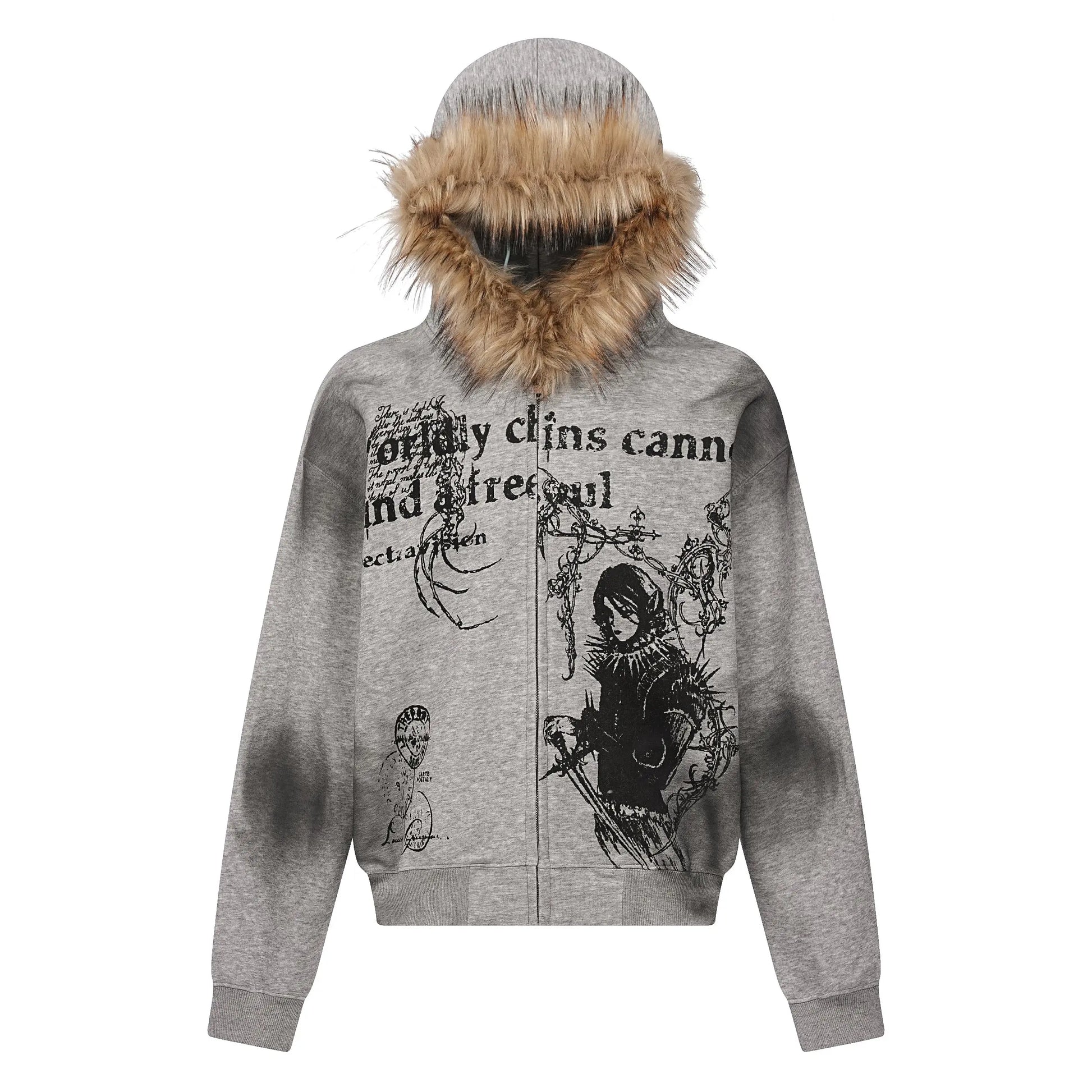 Gothic Printed Fur Hooded Zip Hoodie Hominus Denim