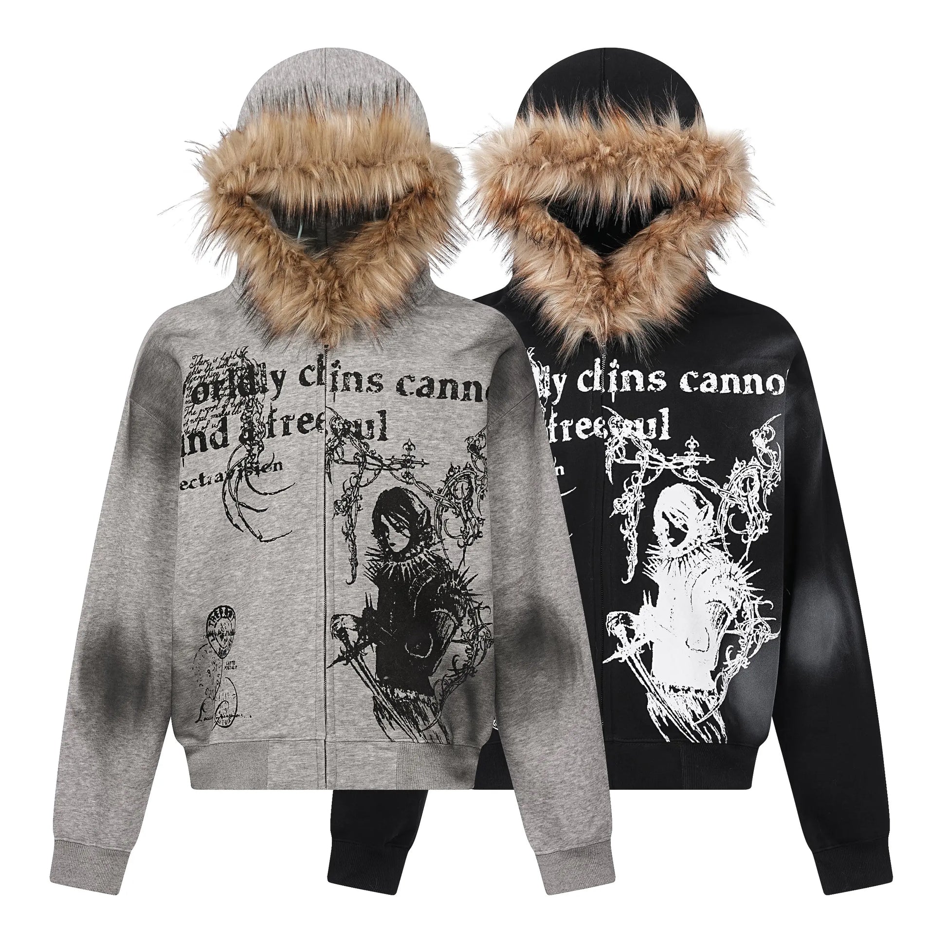 Gothic Printed Fur Hooded Zip Hoodie Hominus Denim