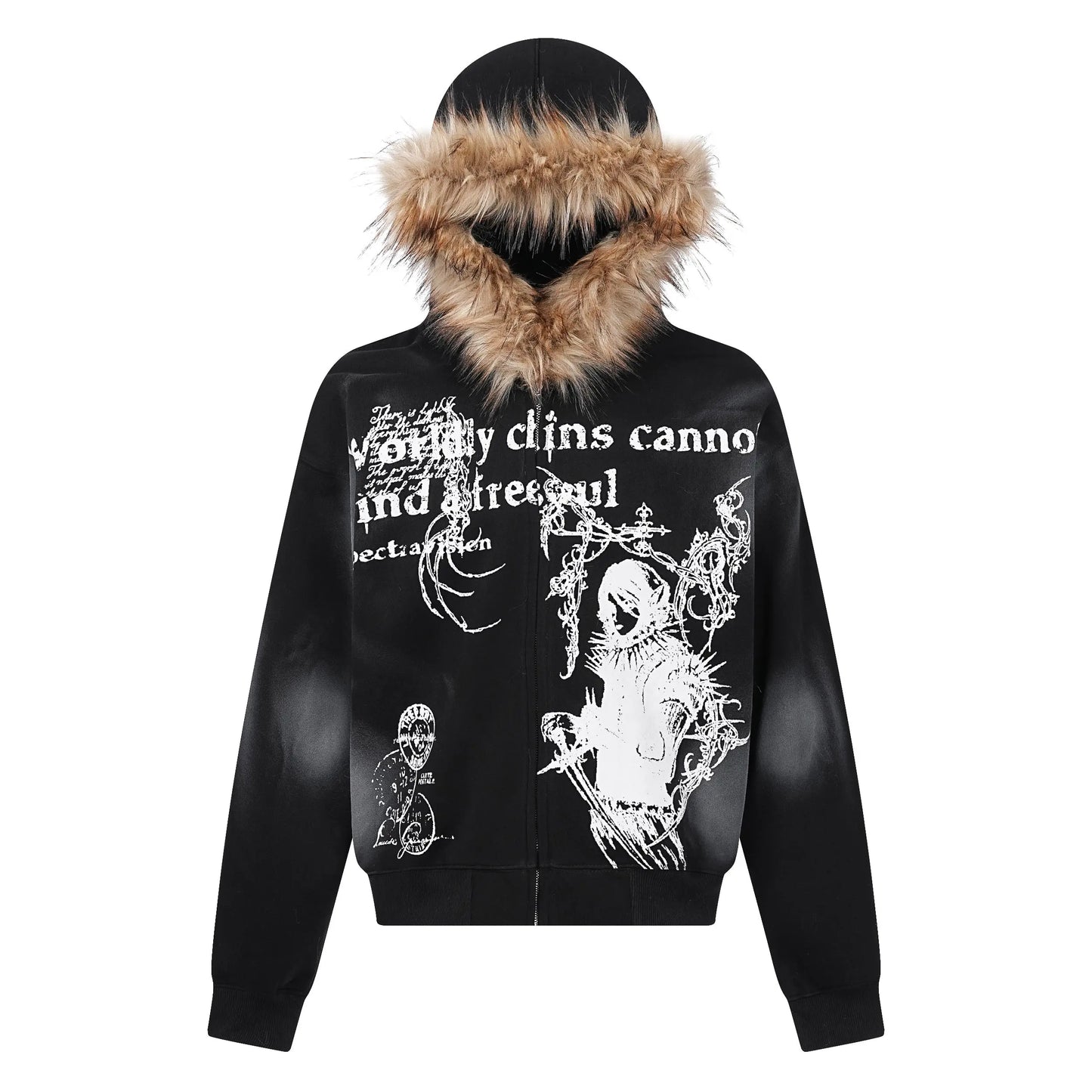 Gothic Printed Fur Hooded Zip Hoodie Hominus Denim