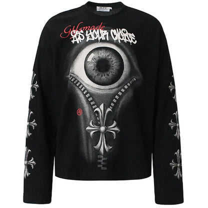 Gothic Punk Eyes Graphic T-shirts Men Streetwear Harajuku Hip Hop Oversized T Shirts Loose Casual Long Sleeve Tshirt Tee Tops Hominus Denim