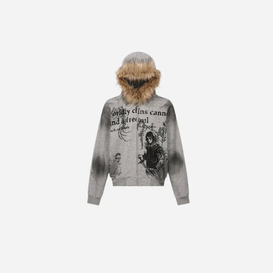 Gothic Washed Fur Hooded Zip Hoodie Hominus Denim