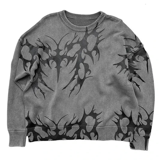 Gray Tribal Printed Design Knitted Sweater