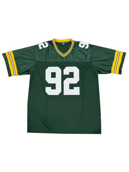 Green 92 Jersey - Men's American Football Jersey - V-Neck - Polyester Blend - Knit Fabric - Laid-Back Design - Suitable for All Seasons - Perfect for Casual Outings, Parties, and Festive Occasions - Adult Size - One Size Fits Hominus Denim