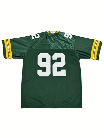 Green 92 Jersey - Men's American Football Jersey - V-Neck - Polyester Blend - Knit Fabric - Laid-Back Design - Suitable for All Seasons - Perfect for Casual Outings, Parties, and Festive Occasions - Adult Size - One Size Fits Hominus Denim