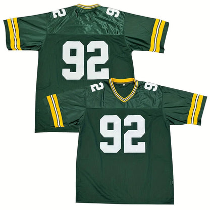 Green 92 Jersey - Men's American Football Jersey - V-Neck - Polyester Blend - Knit Fabric - Laid-Back Design - Suitable for All Seasons - Perfect for Casual Outings, Parties, and Festive Occasions - Adult Size - One Size Fits Hominus Denim