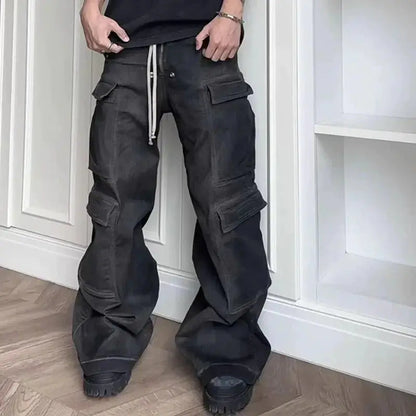 Grey Wide Leg Multi-Pockets Baggy Cargo Jean