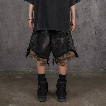 HKSH Spring Summer 2024 Waste Land Tide Fake Two Pieces Shorts Damaged Spliced Camo Multi Pockets Loose Punk Dark Capris HK1499 Hominus Denim