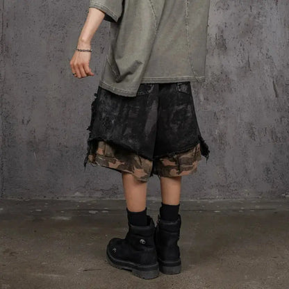 HKSH Spring Summer 2024 Waste Land Tide Fake Two Pieces Shorts Damaged Spliced Camo Multi Pockets Loose Punk Dark Capris HK1499 Hominus Denim