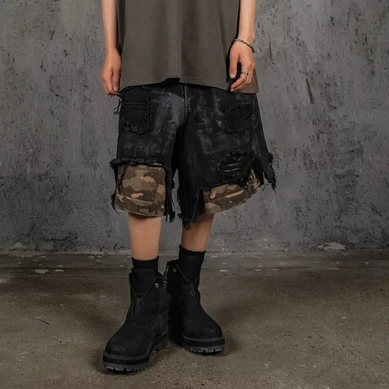 HKSH Spring Summer 2024 Waste Land Tide Fake Two Pieces Shorts Damaged Spliced Camo Multi Pockets Loose Punk Dark Capris HK1499 Hominus Denim