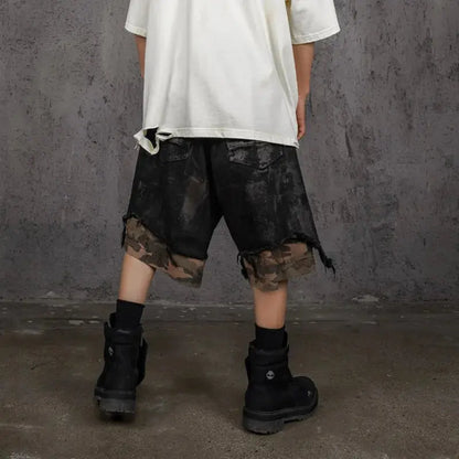 HKSH Spring Summer 2024 Waste Land Tide Fake Two Pieces Shorts Damaged Spliced Camo Multi Pockets Loose Punk Dark Capris HK1499 Hominus Denim