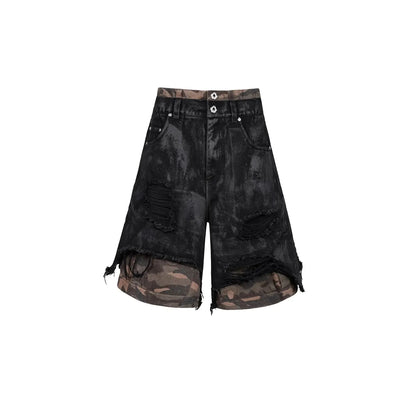 HKSH Spring Summer 2024 Waste Land Tide Fake Two Pieces Shorts Damaged Spliced Camo Multi Pockets Loose Punk Dark Capris HK1499 Hominus Denim