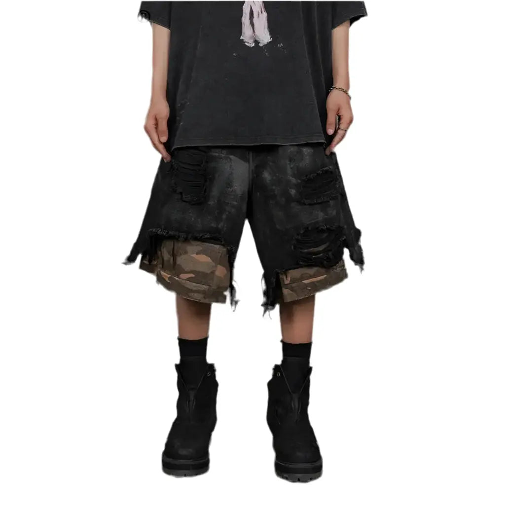 HKSH Spring Summer 2024 Waste Land Tide Fake Two Pieces Shorts Damaged Spliced Camo Multi Pockets Loose Punk Dark Capris HK1499 Hominus Denim