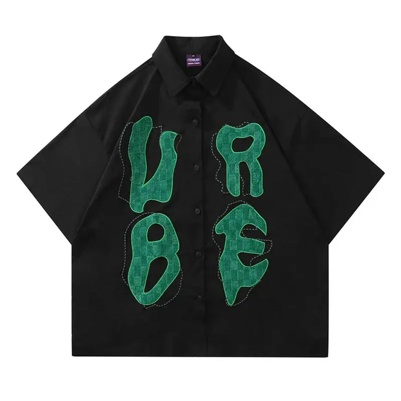 Harakuju Letter Embroidery Short Sleeves Shirts Streetwear Oversized Button Up Blouse Hip Hop Summer Tops Hominus Denim