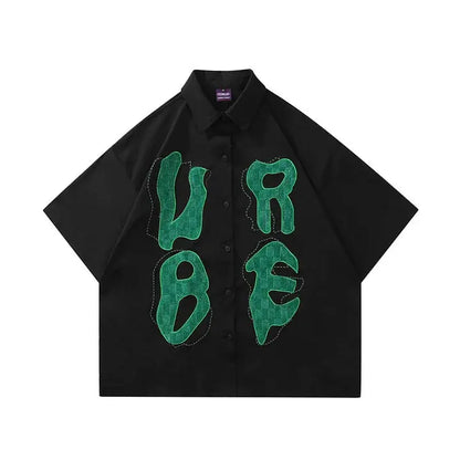 Harakuju Letter Embroidery Short Sleeves Shirts Streetwear Oversized Button Up Blouse Hip Hop Summer Tops Hominus Denim