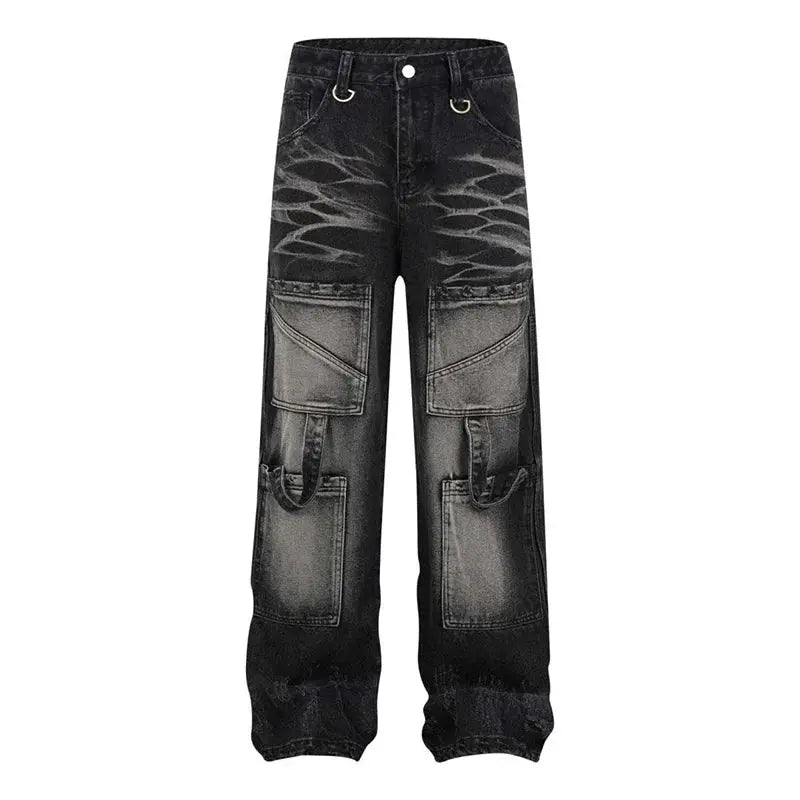 Hi Street Multi Pockets Ribbons Jeans Pants Washed Hip Hop Streetwear Denim Trousers For Male Blue Hominus Denim