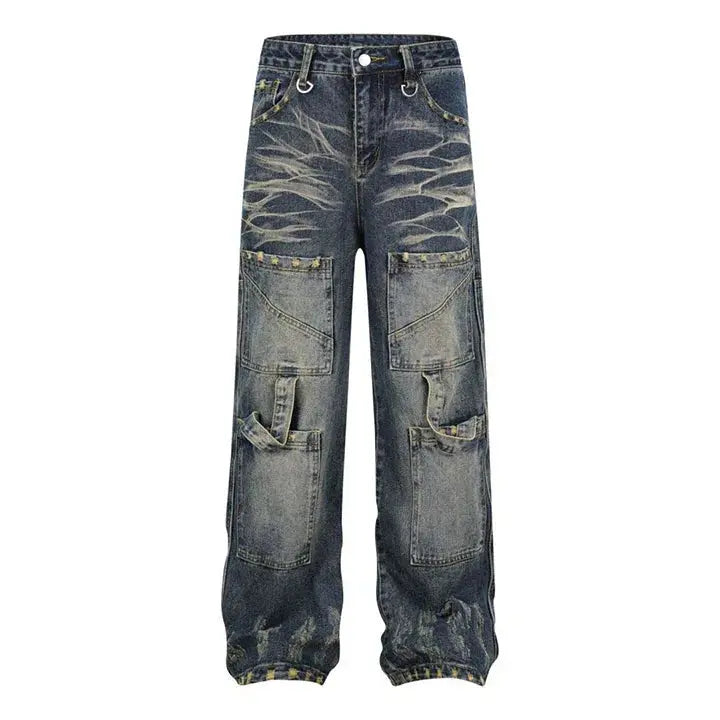 Hi Street Multi Pockets Ribbons Jeans Pants Washed Hip Hop Streetwear Denim Trousers For Male Blue Hominus Denim