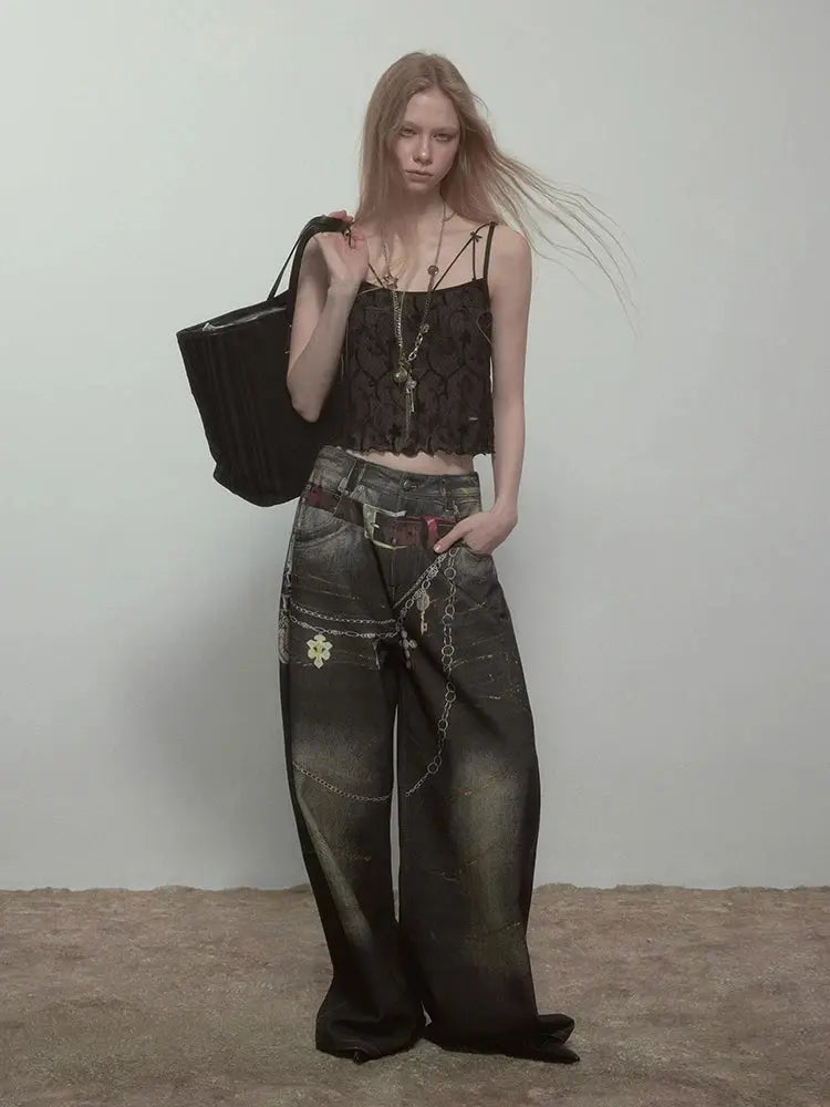 High Quality Hot Selling Wholesale 2025 New Virtual Digital Printed Retro Fashionable Personalized Wide Leg Jeans Pants Women Hominus Denim
