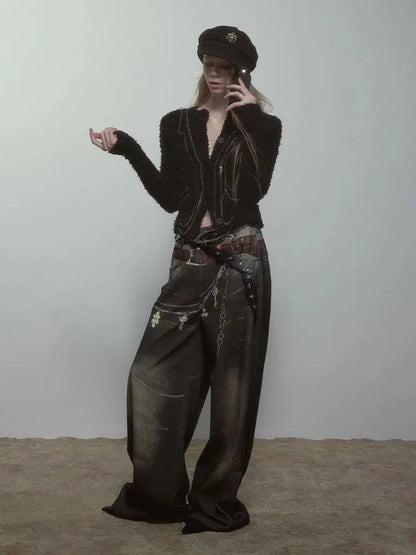 High Quality Hot Selling Wholesale 2025 New Virtual Digital Printed Retro Fashionable Personalized Wide Leg Jeans Pants Women Hominus Denim