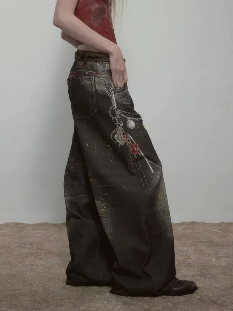 High Quality Hot Selling Wholesale 2025 New Virtual Digital Printed Retro Fashionable Personalized Wide Leg Jeans Pants Women Hominus Denim