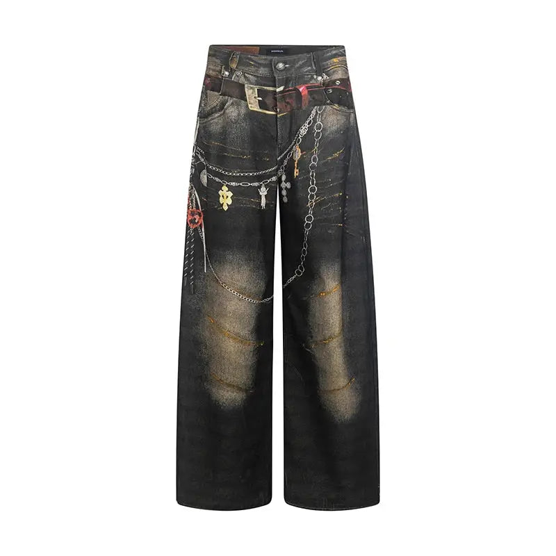 High Quality Hot Selling Wholesale 2025 New Virtual Digital Printed Retro Fashionable Personalized Wide Leg Jeans Pants Women Hominus Denim