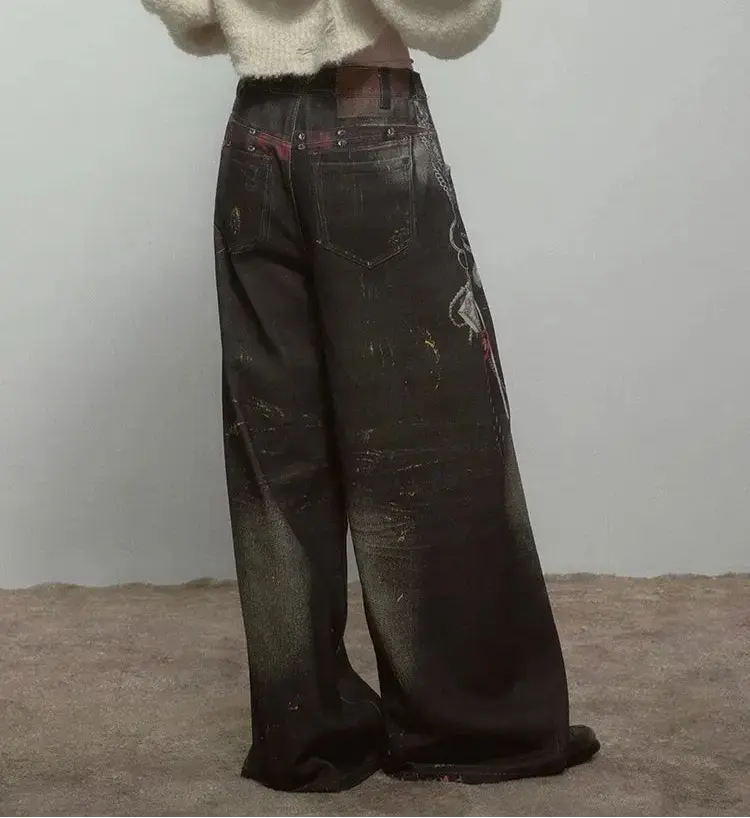 High Quality Hot Selling Wholesale 2025 New Virtual Digital Printed Retro Fashionable Personalized Wide Leg Jeans Pants Women Hominus Denim