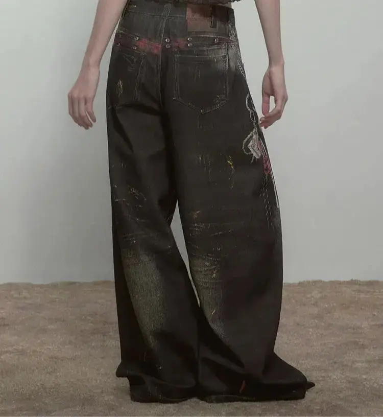 High Quality Hot Selling Wholesale 2025 New Virtual Digital Printed Retro Fashionable Personalized Wide Leg Jeans Pants Women Hominus Denim