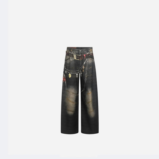 High Quality Hot Selling Wholesale 2025 New Virtual Digital Printed Retro Fashionable Personalized Wide Leg Jeans Pants Women Hominus Denim