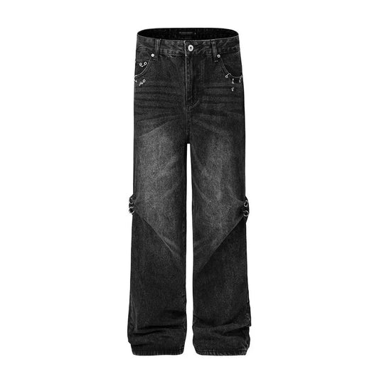 High Street Denim Pants Mens with Rivets Washed Distressed Pleated Wide leg Loose Jeans Men Trousers Hominus Denim