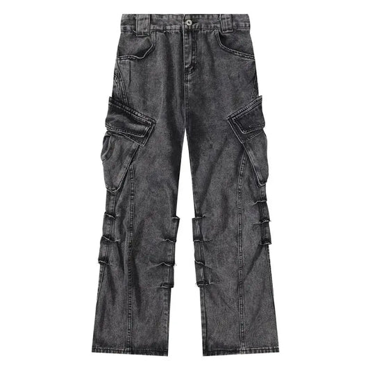 High Street Jeans Men Vintage Pleated Flare Large Pocket Denim Trousers Male Washed Distressed Loose Pants Autumn Streetwear New Hominus Denim